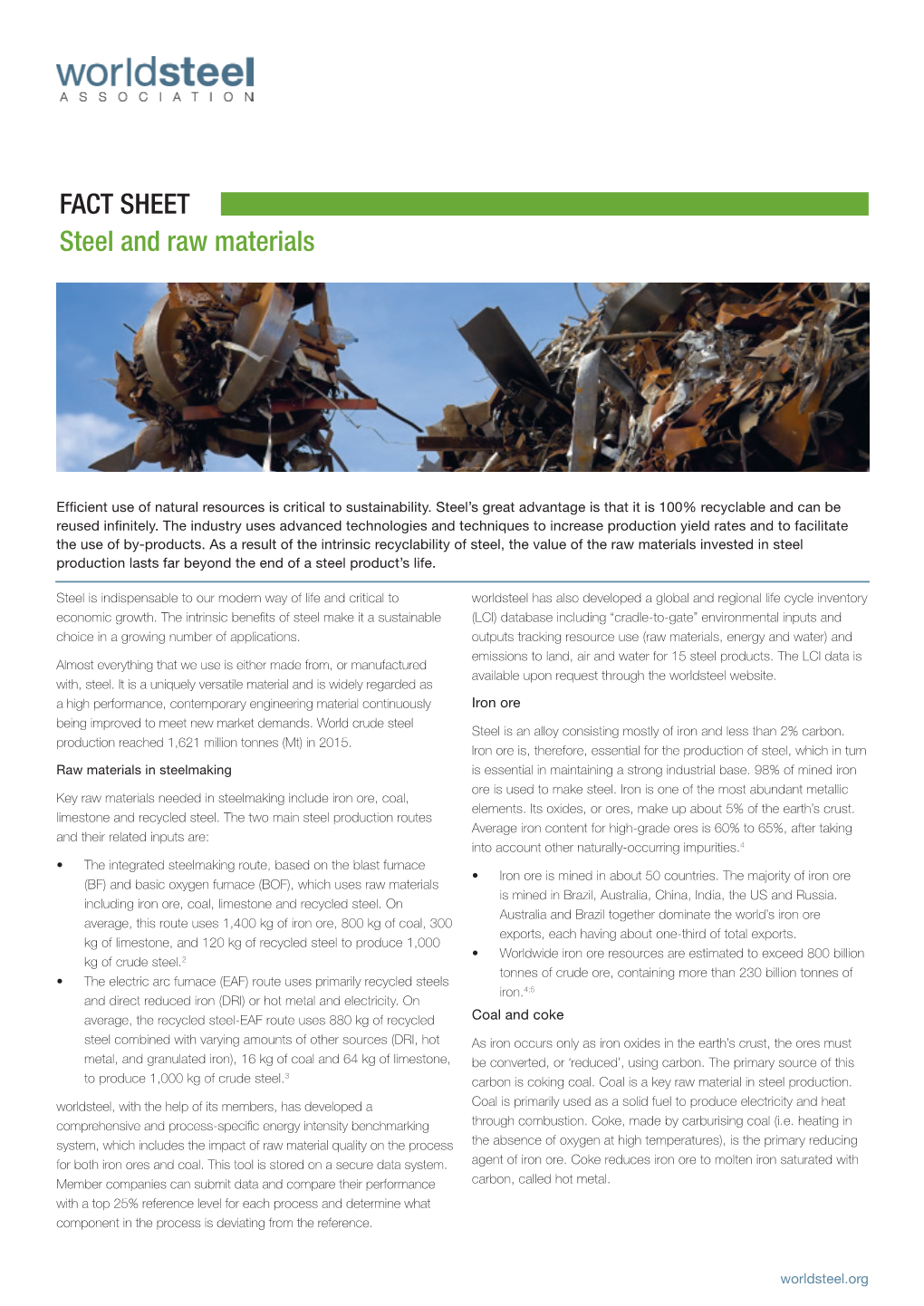 Worldsteel Association Fact Sheet – Steel and Raw Materials