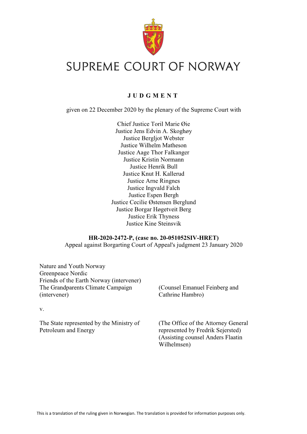 JUDGMENT Given on 22 December 2020 by the Plenary of the Supreme