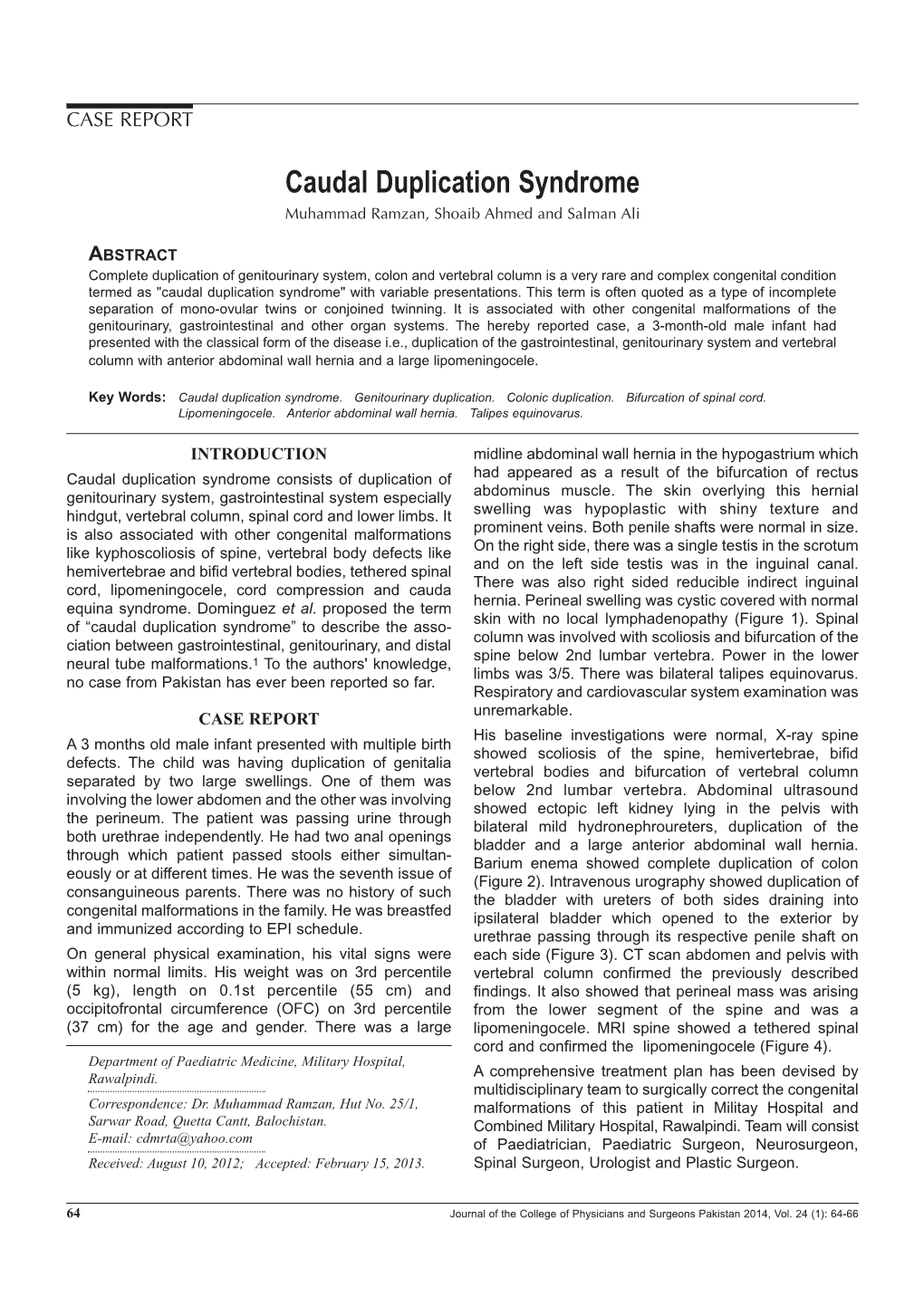 Caudal Duplication Syndrome Muhammad Ramzan, Shoaib Ahmed and Salman Ali