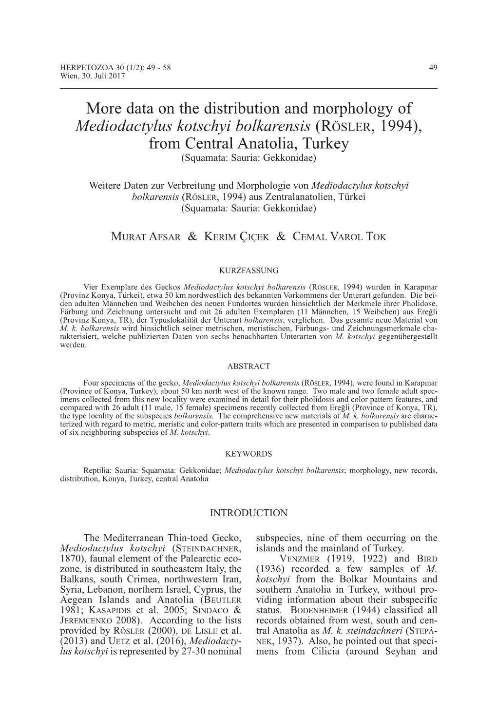 Data on the Distribution and Morphology of Mediodactylus Kotschyi Bolkarensis (Rösler , 1994 ), from Central Anatolia, Turkey (Squamata: Sauria: Gekkonidae)