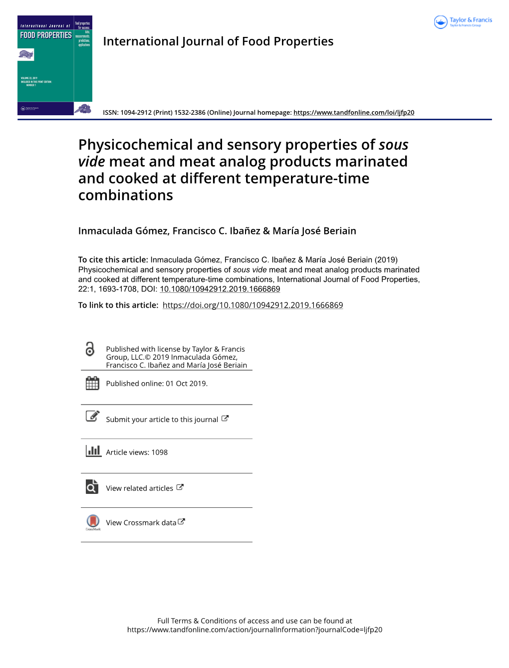 Physicochemical and Sensory Properties of Sous Vide Meat and Meat Analog Products Marinated and Cooked at Different Temperature-Time Combinations
