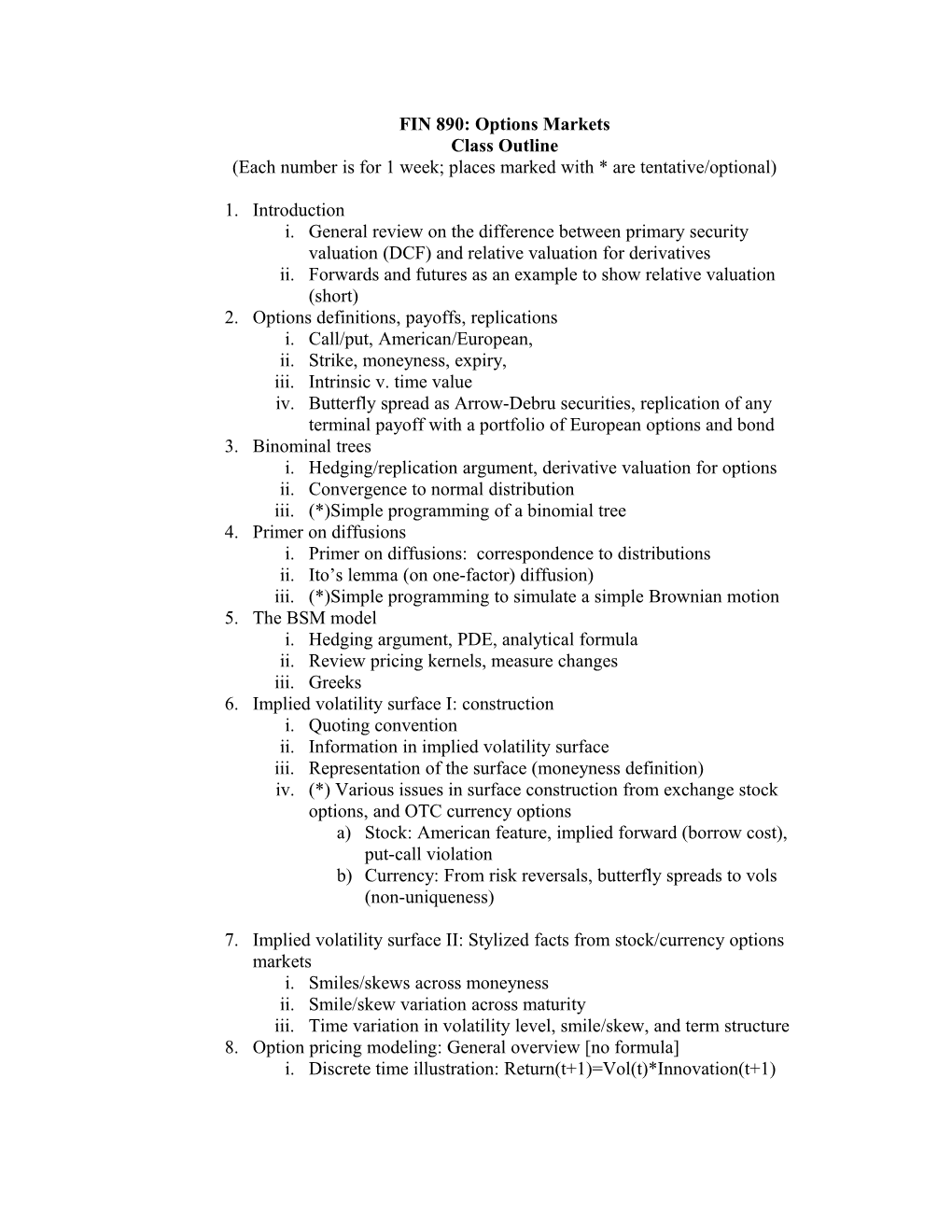 Options Markets Class Outline