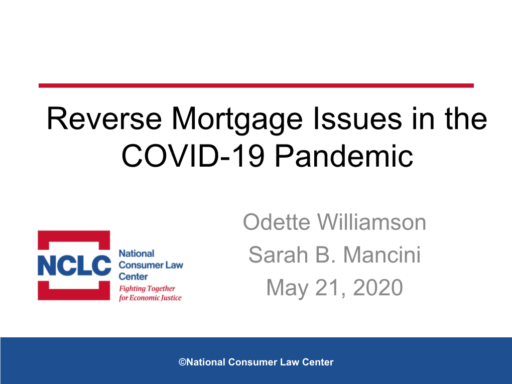 Reverse Mortgage Issues in the COVID-19 Pandemic