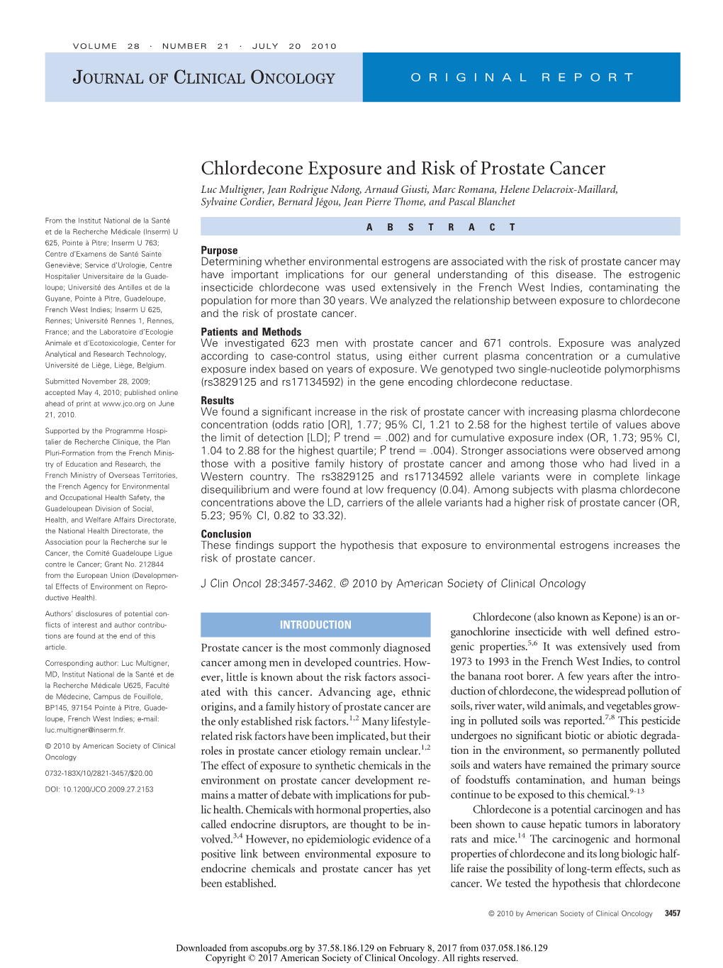 Chlordecone Exposure and Risk of Prostate Cancer