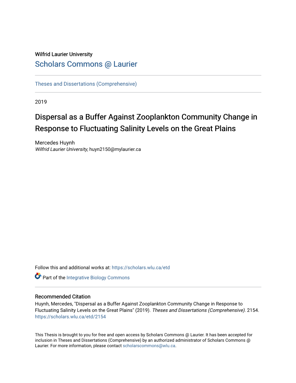 Dispersal As a Buffer Against Zooplankton Community Change in Response to Fluctuating Salinity Levels on the Great Plains