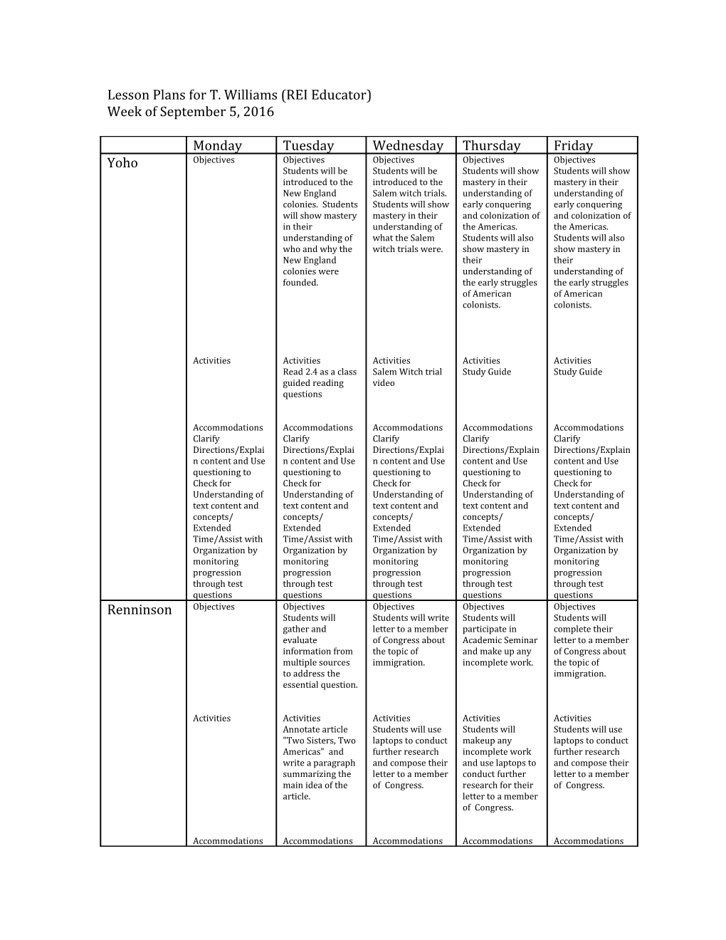 Lesson Plans for T. Williams (REI Educator)