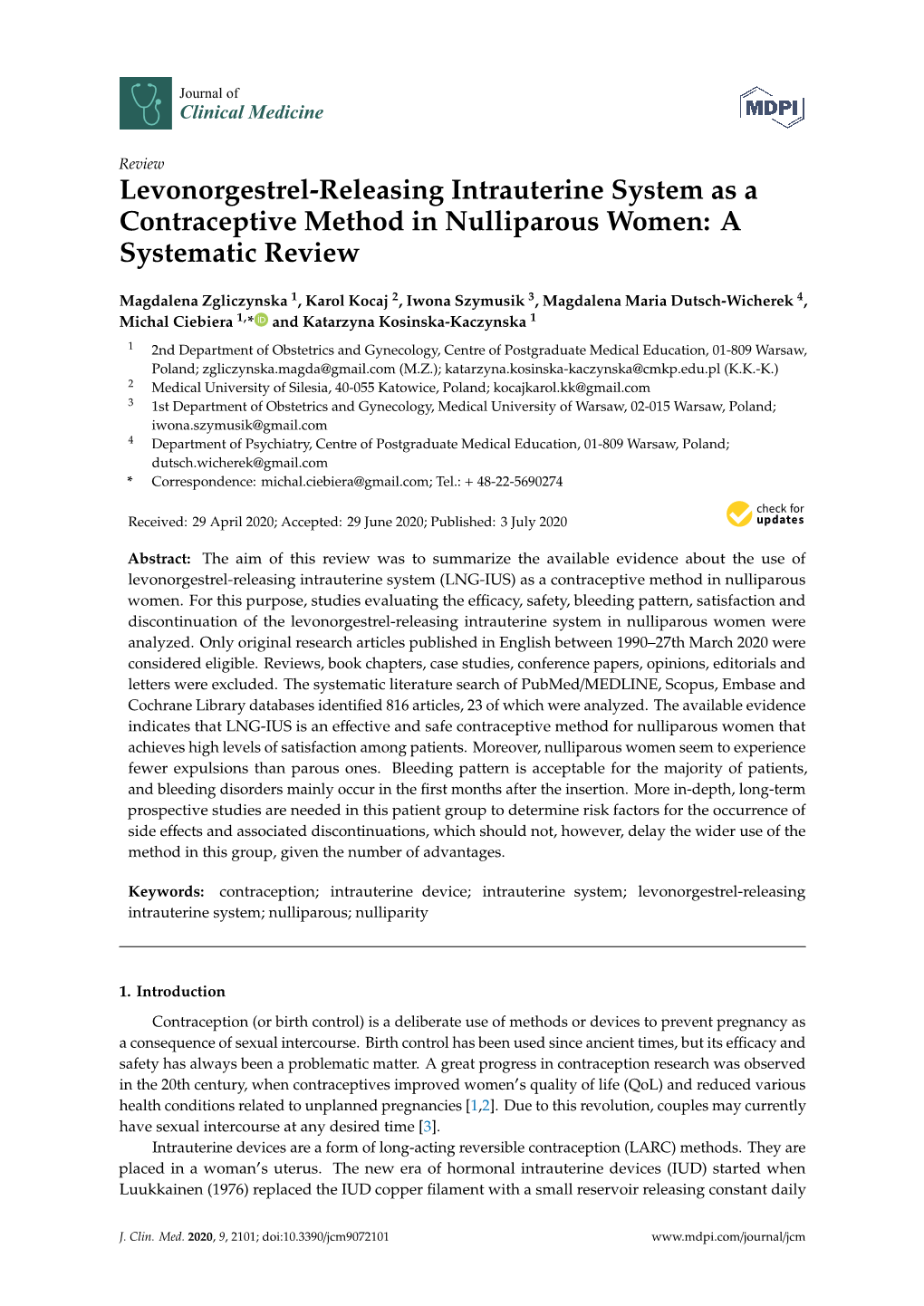 Levonorgestrel-Releasing Intrauterine System As a Contraceptive Method in Nulliparous Women: a Systematic Review