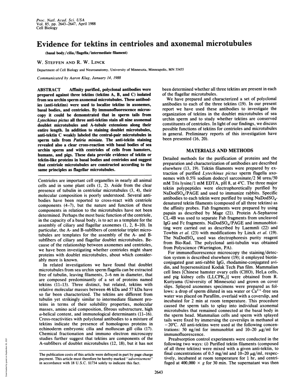 Evidence for Tektins in Centrioles and Axonemal Microtubules (Basal Body/Cilia/Flagella/Intermediate Filament) W