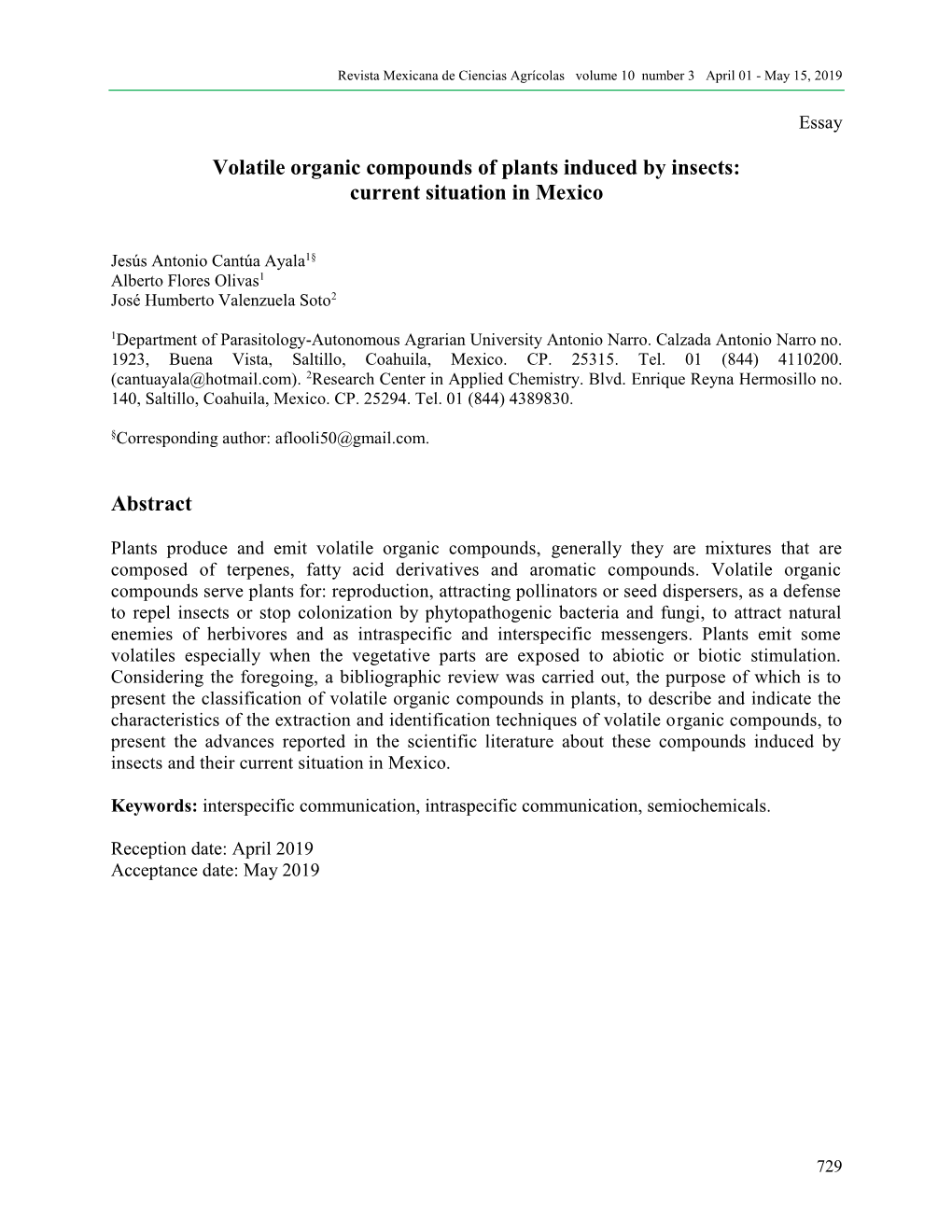 Volatile Organic Compounds of Plants Induced by Insects: Current Situation in Mexico