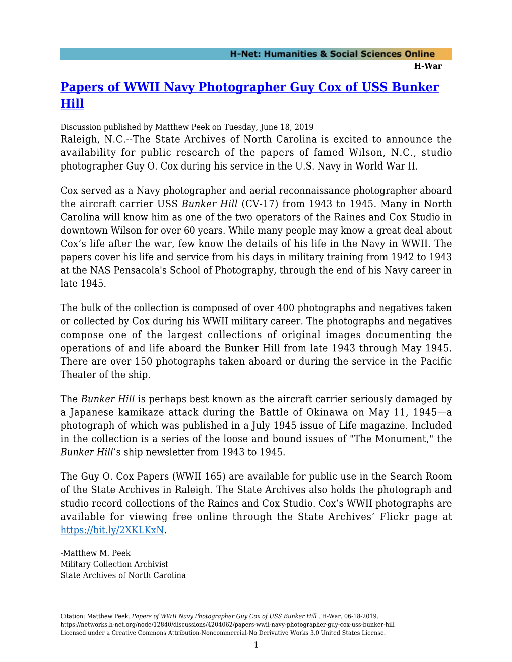 Papers of WWII Navy Photographer Guy Cox of USS Bunker Hill