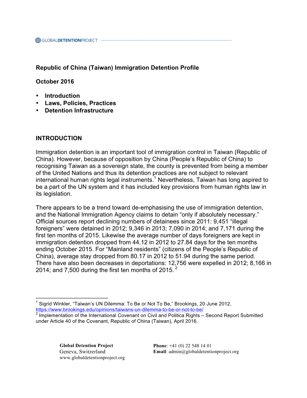 Republic of China (Taiwan) Immigration Detention Profile