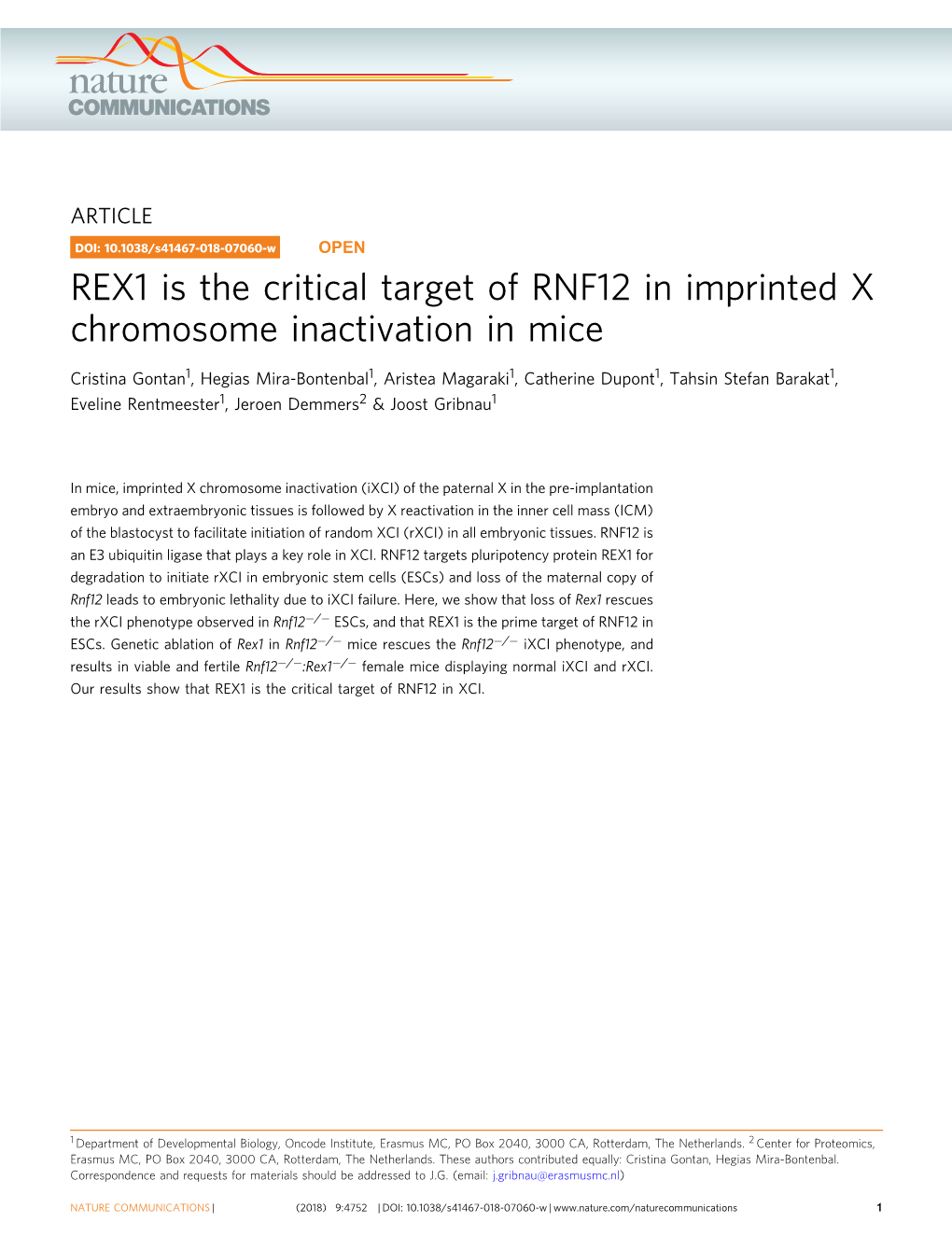 REX1 Is the Critical Target of RNF12 in Imprinted X Chromosome Inactivation in Mice