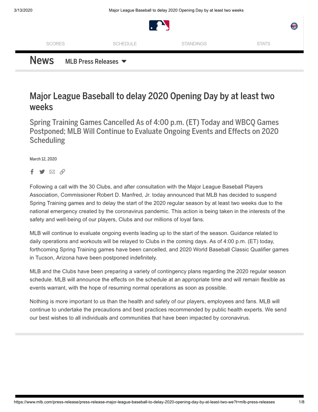 Major League Baseball to Delay 2020 Opening Day by at Least Two Weeks