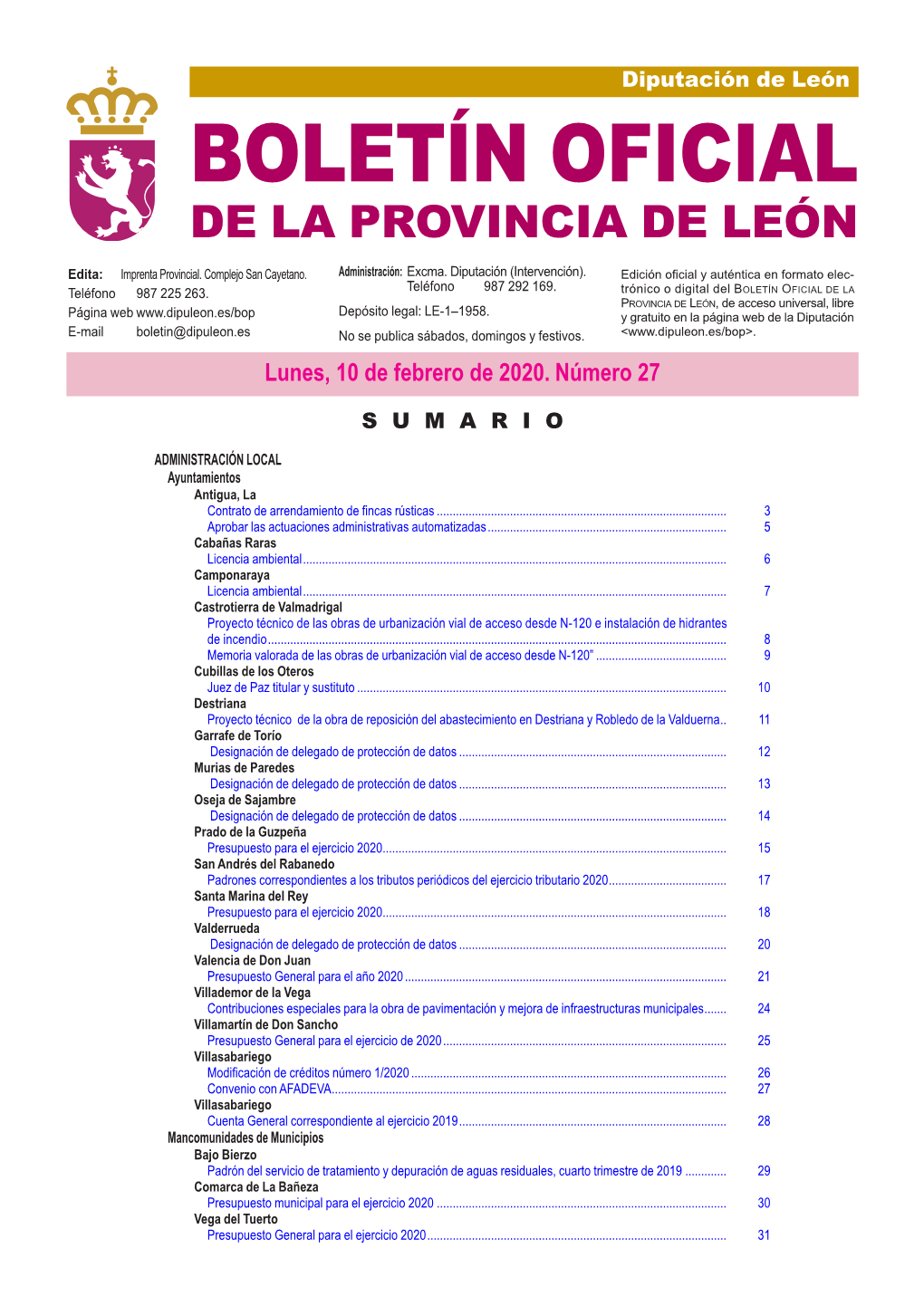 BOLETÍN OFICIAL DE LA PROVINCIA DE LEÓN Edita: Imprenta Provincial