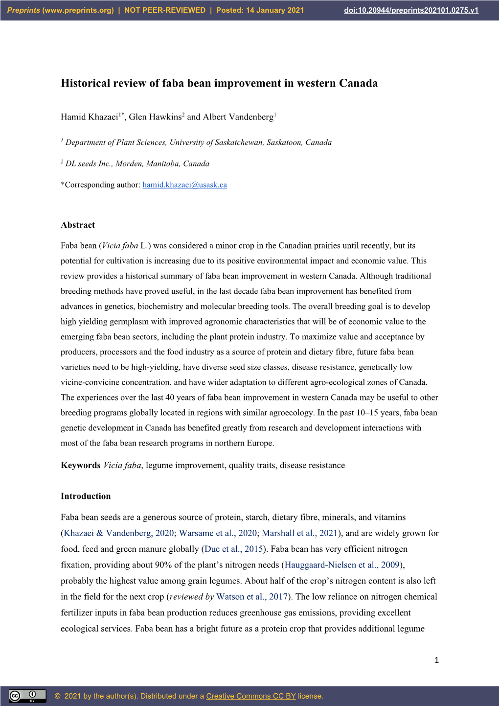 Historical Review of Faba Bean Improvement in Western Canada