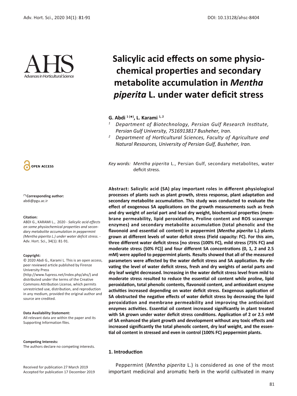 Salicylic Acid Effects on Some Physio Chemical Properties and Secondary Metabolite Accumulation in Mentha Piperita L. Under Wa