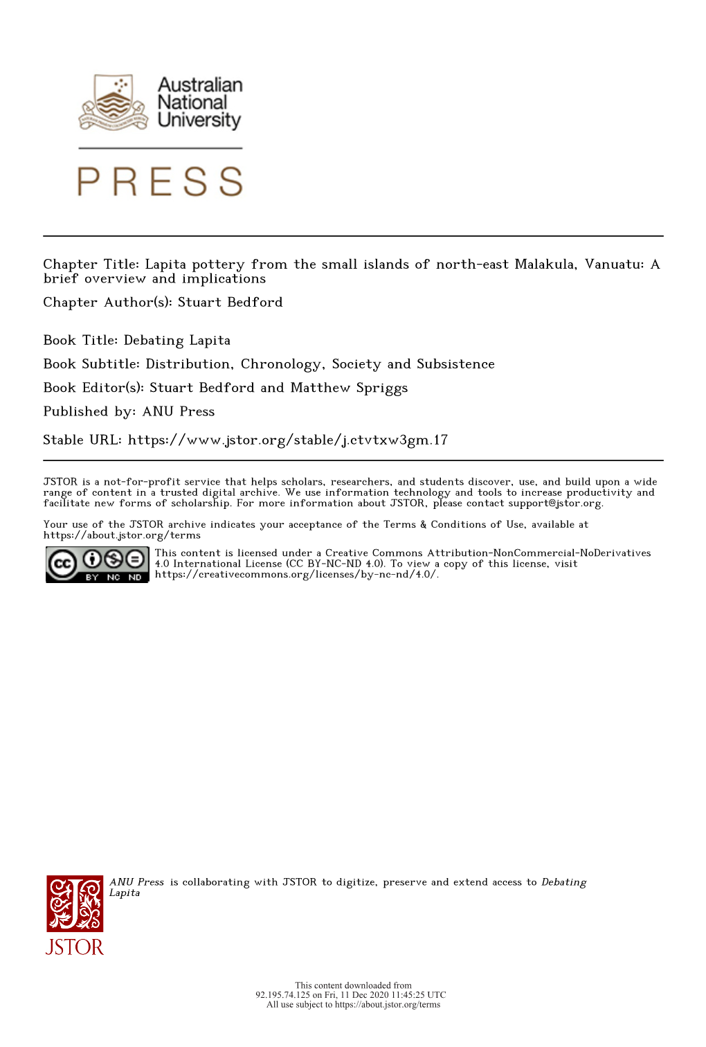 Lapita Pottery from the Small Islands of North-East Malakula, Vanuatu: a Brief Overview and Implications Chapter Author(S): Stuart Bedford