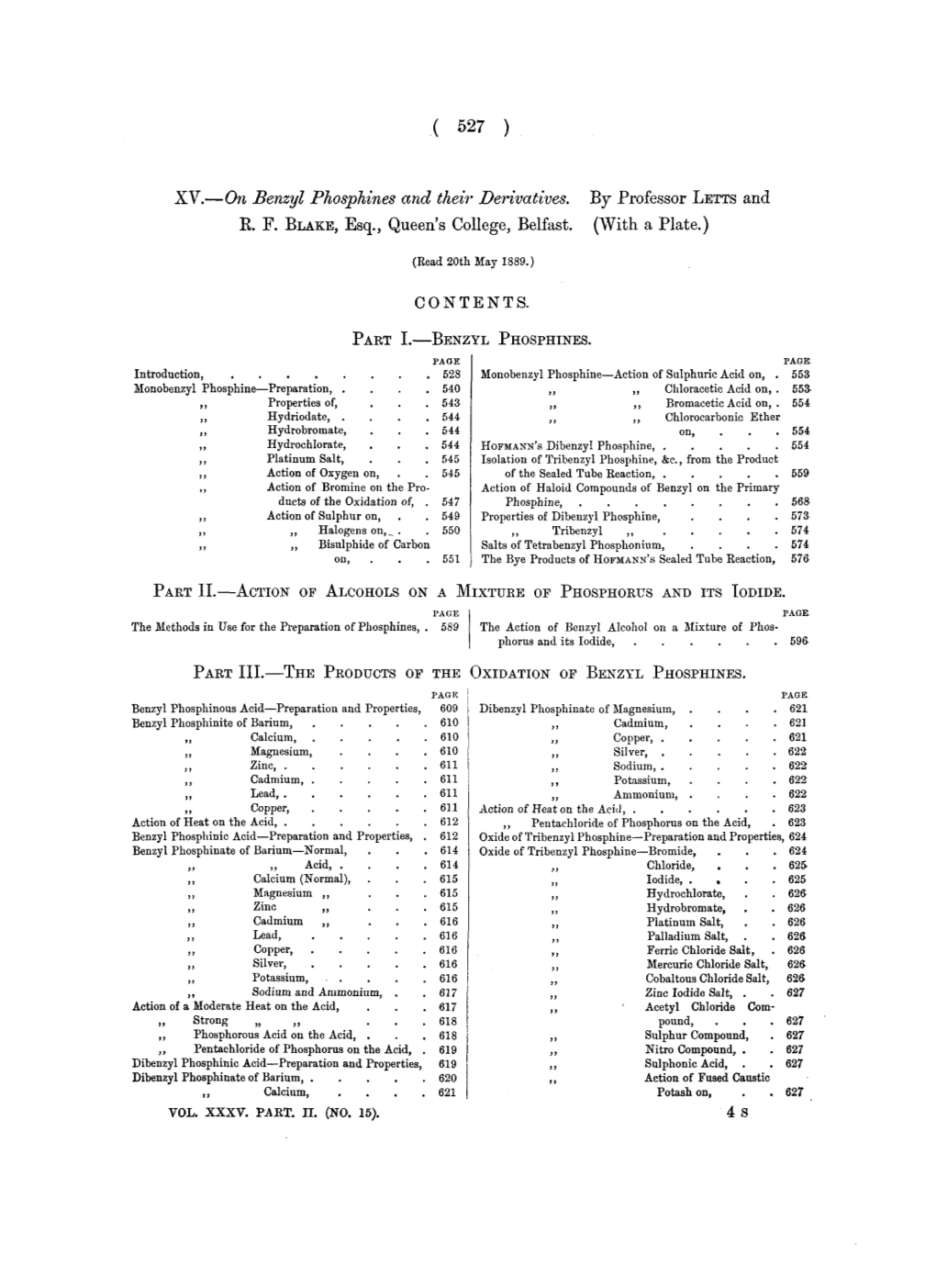 On Benzyl Phosphines and Their Derivatives. by Professor LETTS and E