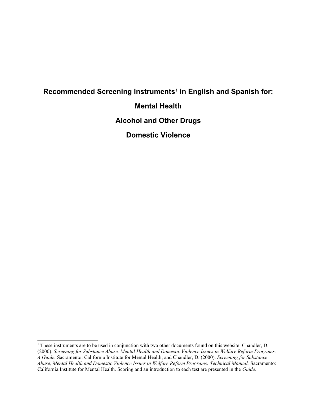 Recommended Screening Instruments 1 in English and Spanish For