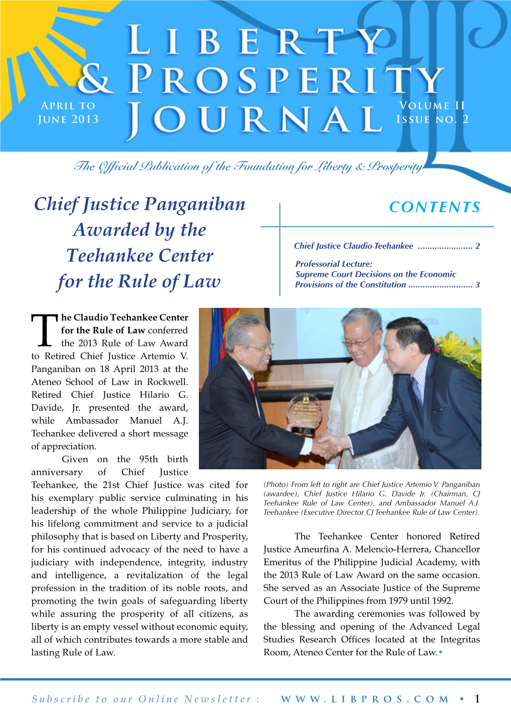 Chief Justice Panganiban Awarded by the Teehankee Center for the Rule