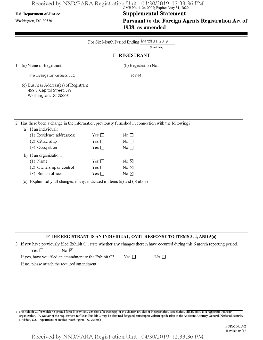 Received Bv NSD/FARA Registration Unit 04/30/2019 12:33:36 PM OMB No