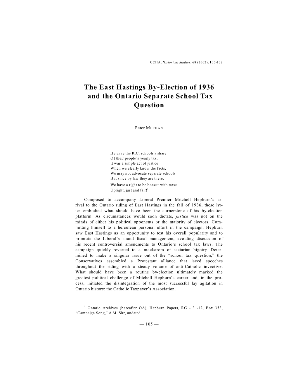 The East Hastings By-Election of 1936 and the Ontario Separate School Tax Question