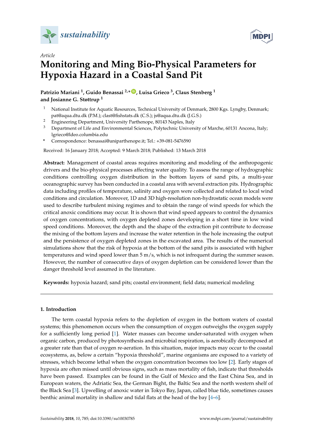 Monitoring and Ming Bio-Physical Parameters for Hypoxia Hazard in a Coastal Sand Pit