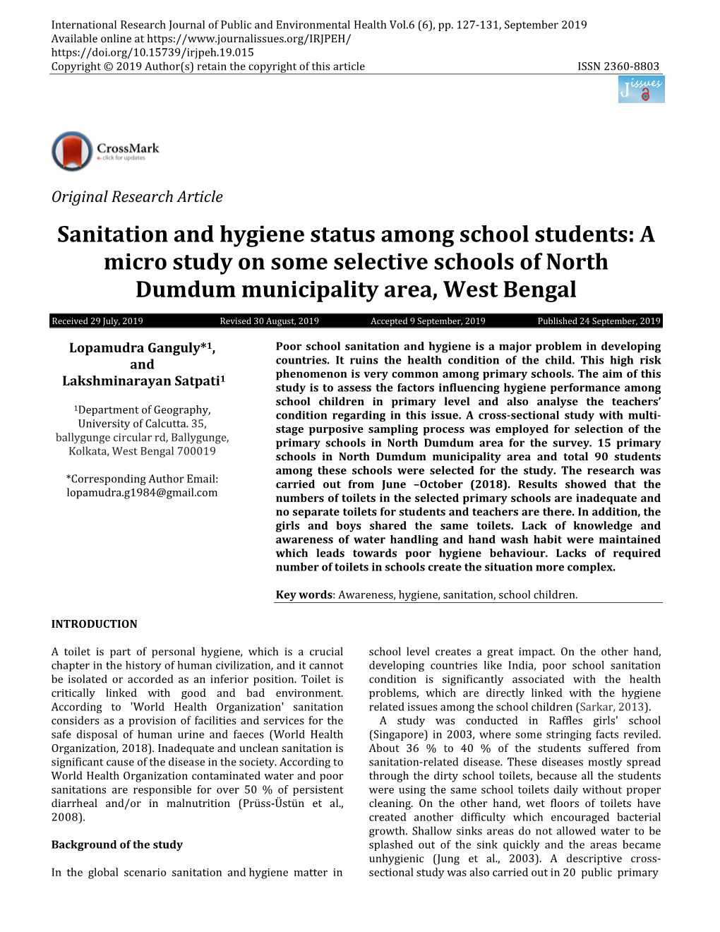 Sanitation and Hygiene Status Among School Students: a Micro Study on Some Selective Schools of North Dumdum Municipality Area, West Bengal