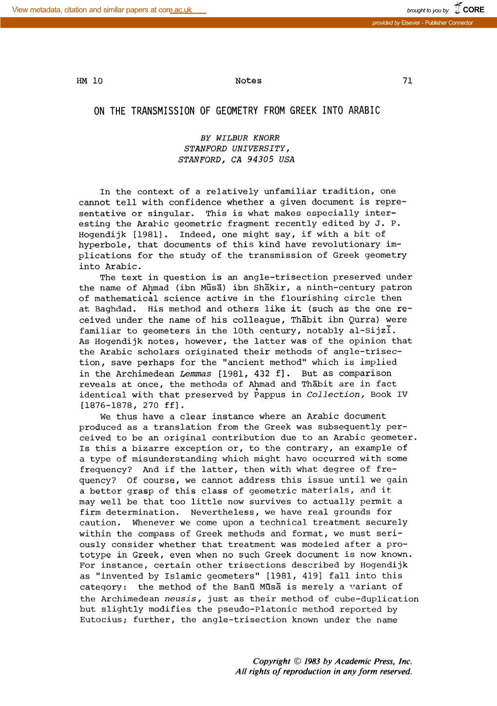 HM 10 Notes on the TRANSMISSION of GEOMETRY