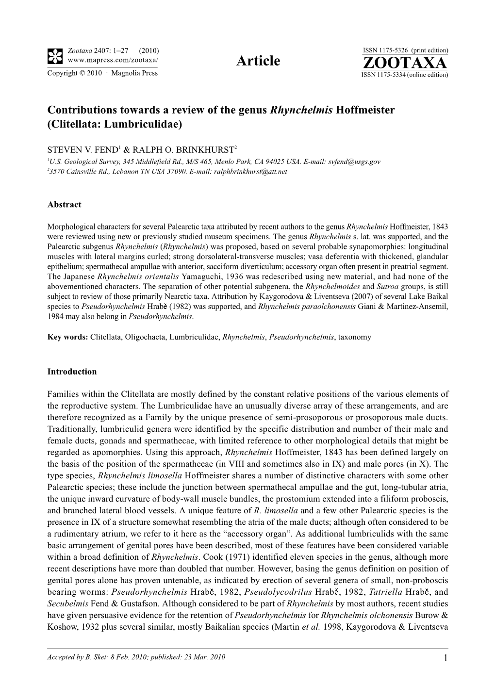 Zootaxa, Contributions Towards a Review of the Genus Rhynchelmis