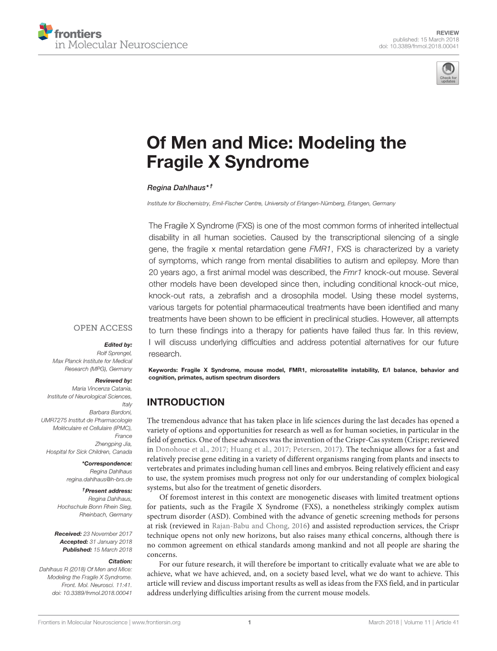 Of Men and Mice: Modeling the Fragile X Syndrome