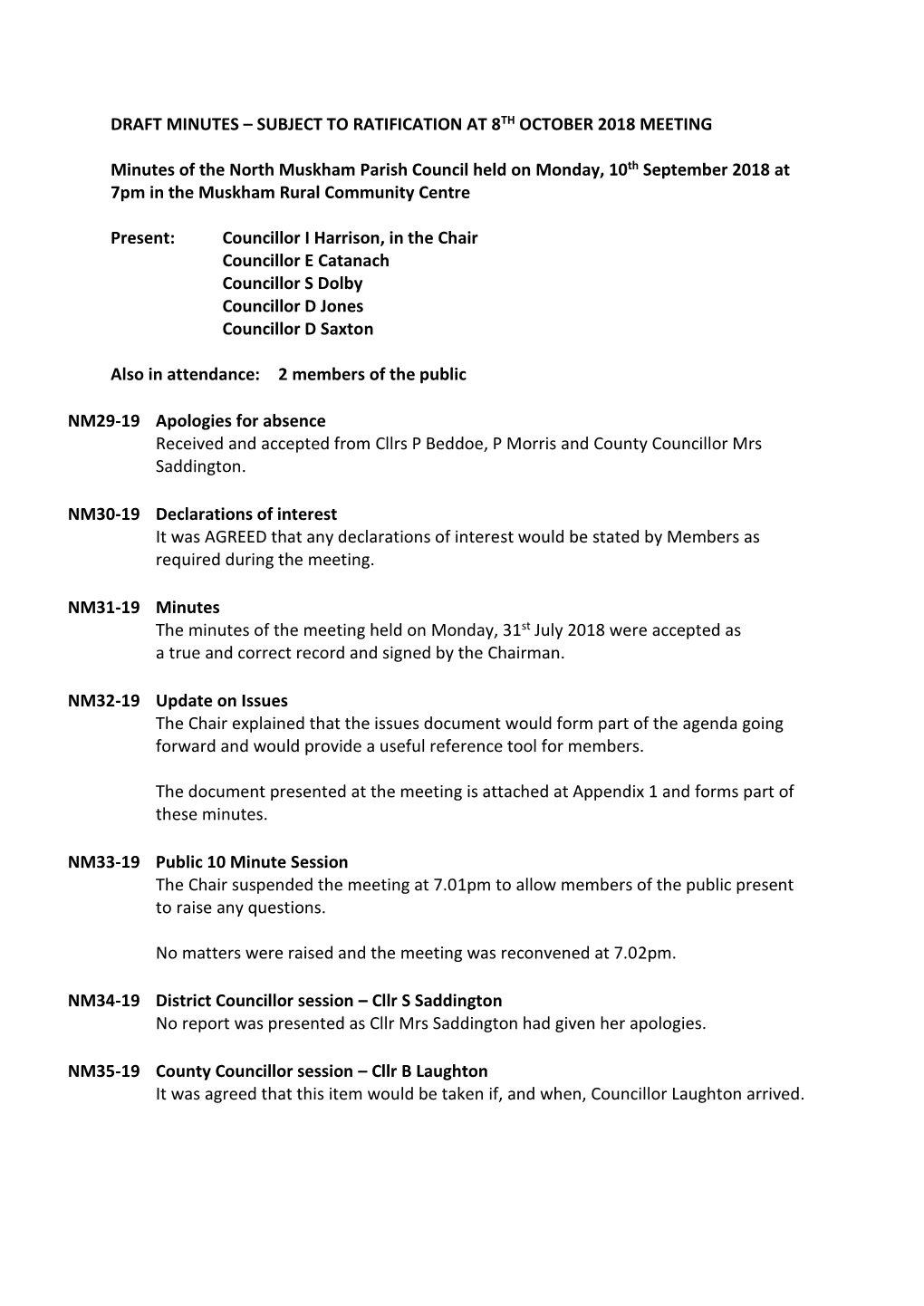 Minutes of the North Muskham Parish Council Meeting Held On