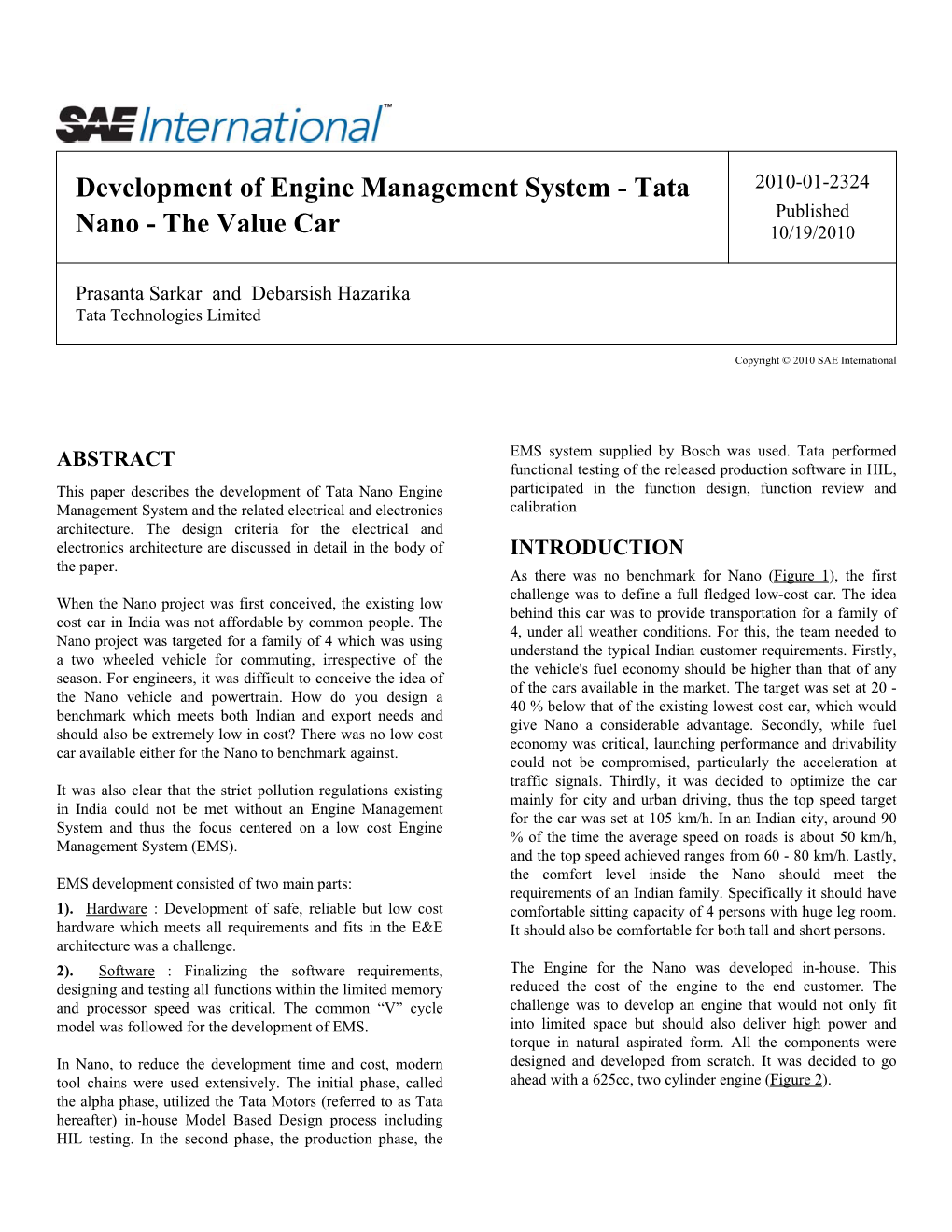 Tata Nano Engine Participated in the Function Design, Function Review and Management System and the Related Electrical and Electronics Calibration Architecture