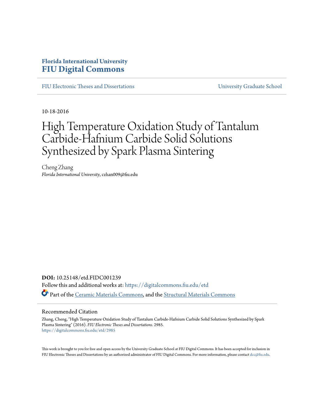 High Temperature Oxidation Study of Tantalum Carbide-Hafnium Carbide