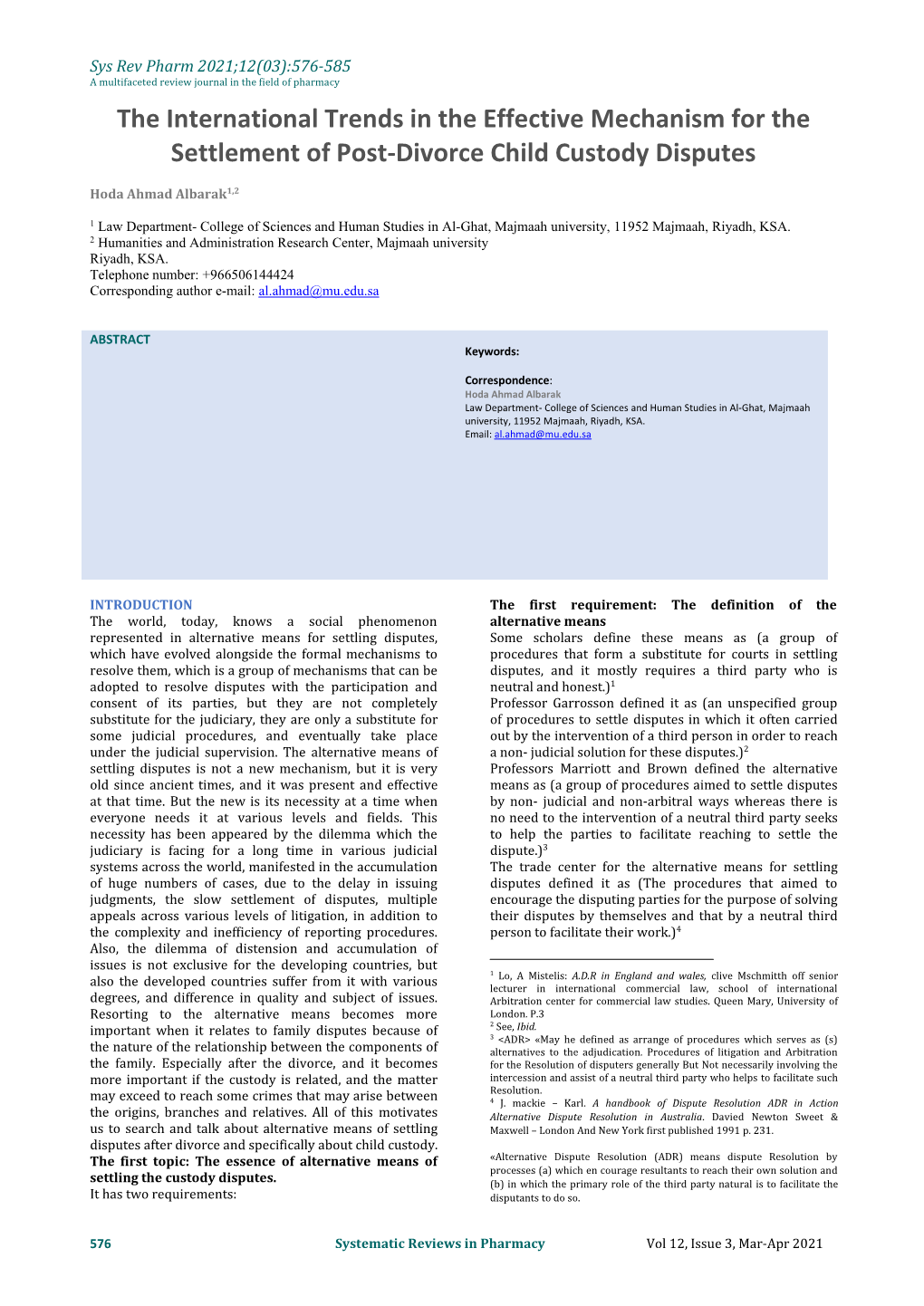 The International Trends in the Effective Mechanism for the Settlement of Post-Divorce Child Custody Disputes