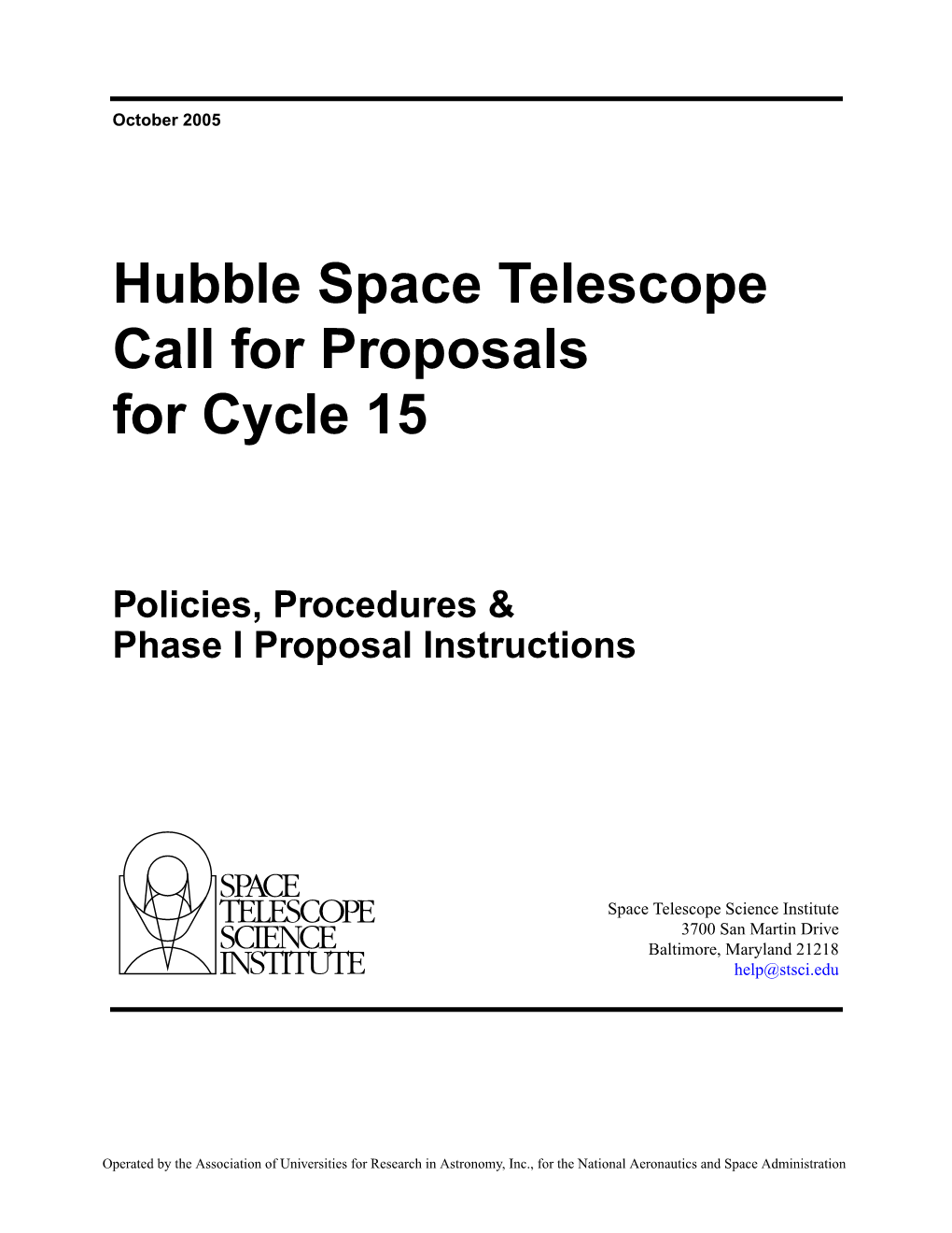 Hubble Space Telescope Call for Proposals for Cycle 15