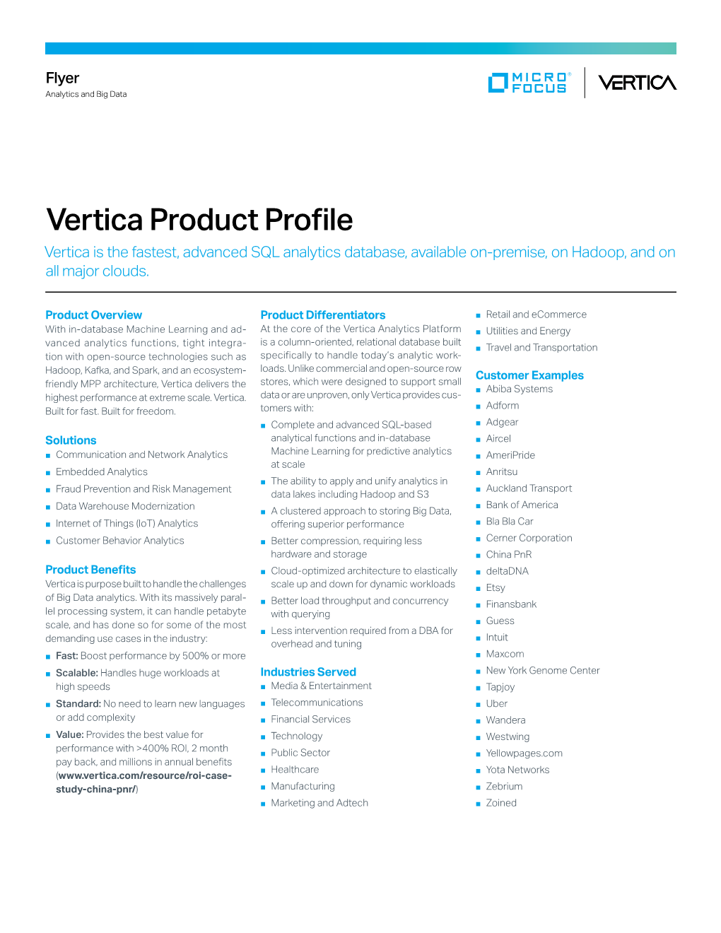 Vertica Product Profile Vertica Is the Fastest, Advanced SQL Analytics Database, Available On-Premise, on Hadoop, and on All Major Clouds