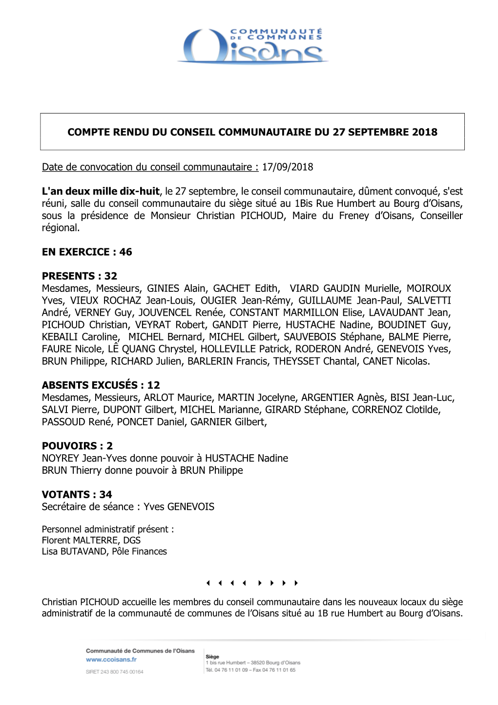 Compte Rendu Du Conseil Communautaire Du 27 Septembre 2018