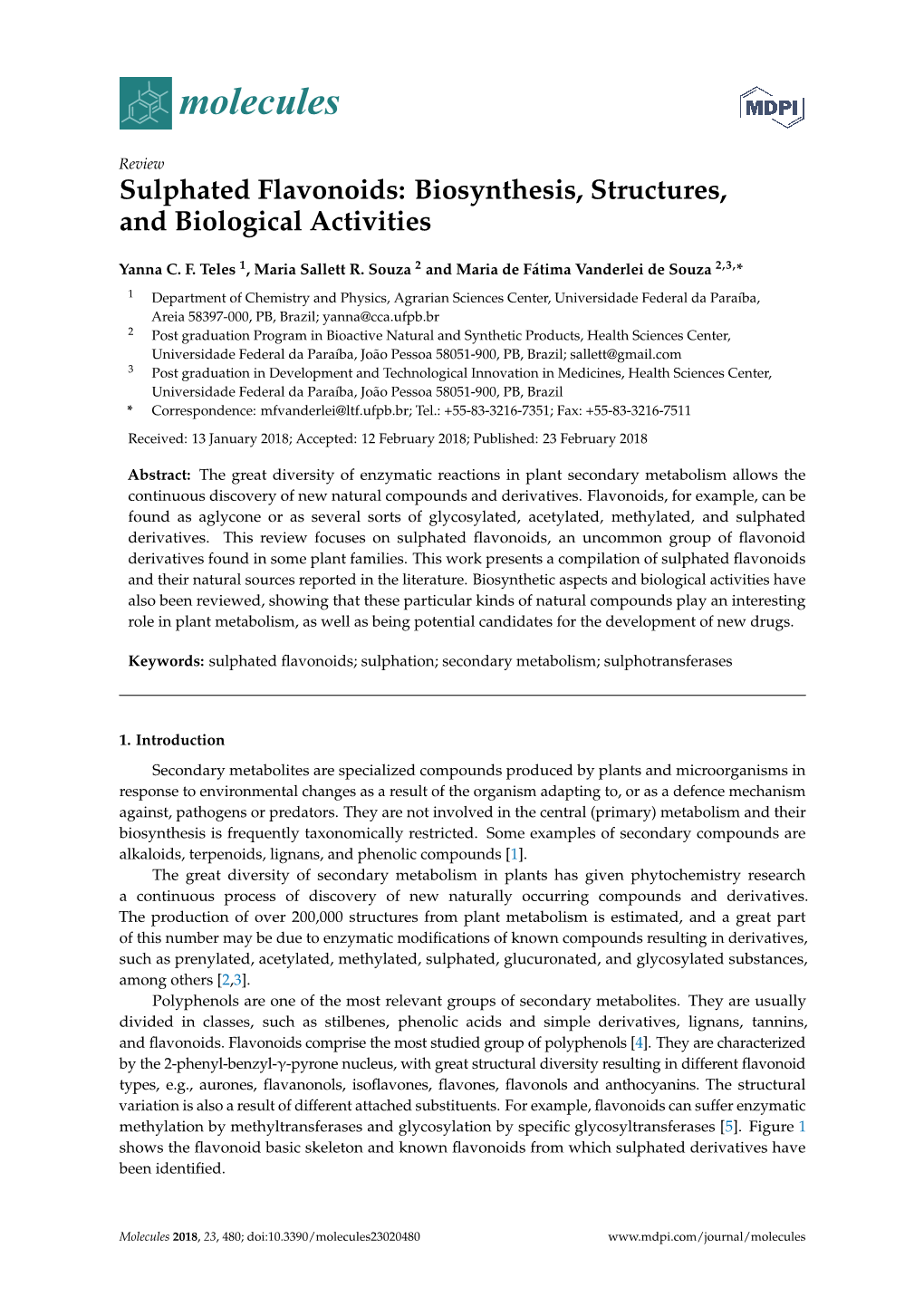 Sulphated Flavonoids: Biosynthesis, Structures, and Biological Activities