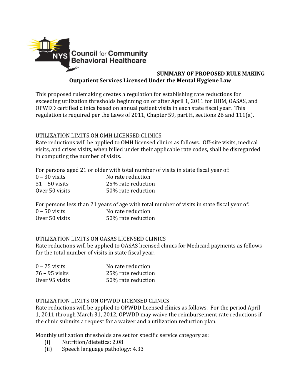 Outpatient Services Licensed Under the Mental Hygiene Law