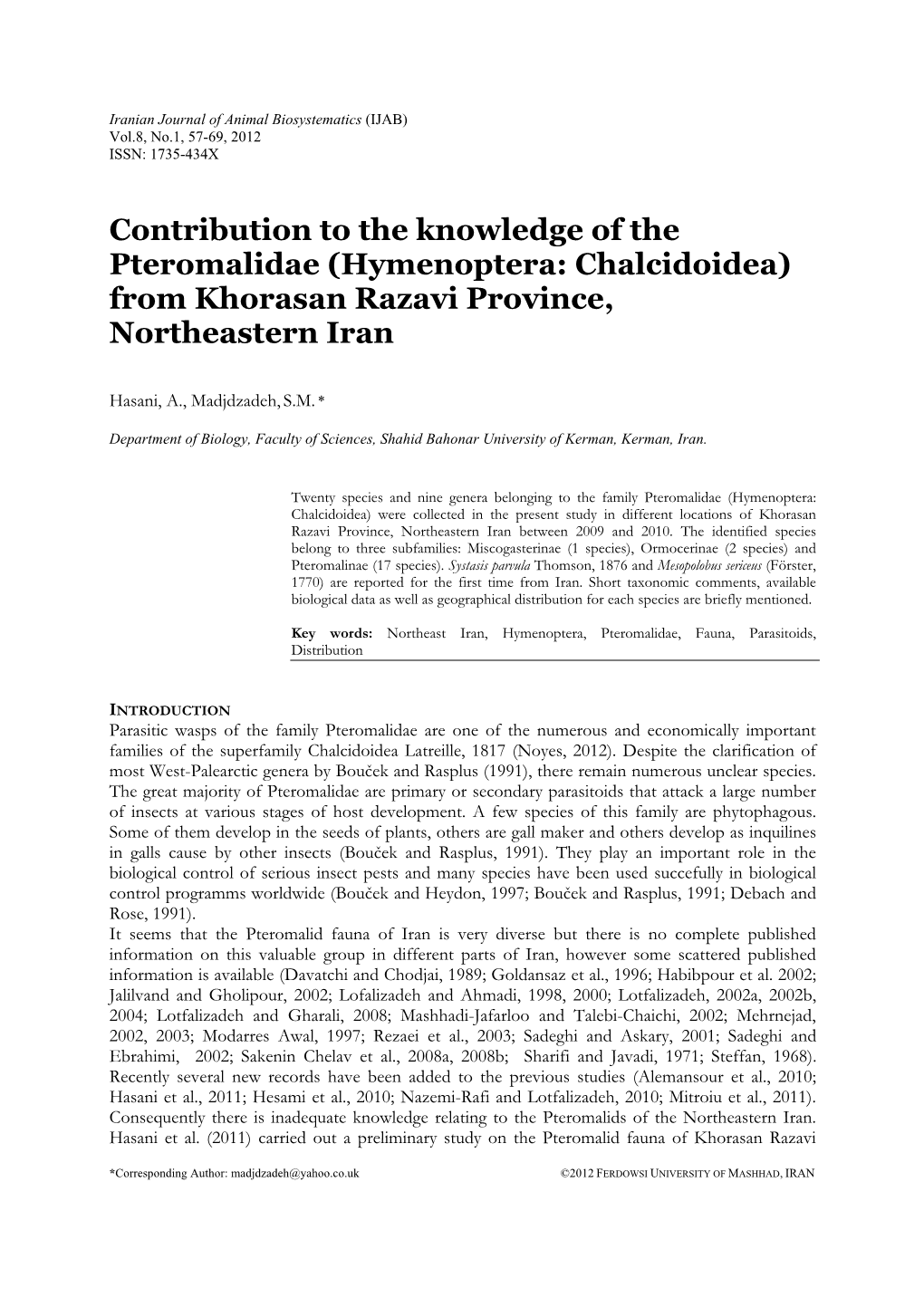 Contribution to the Knowledge of the Pteromalidae (Hymenoptera: Chalcidoidea) from Khorasan Razavi Province, Northeastern Iran