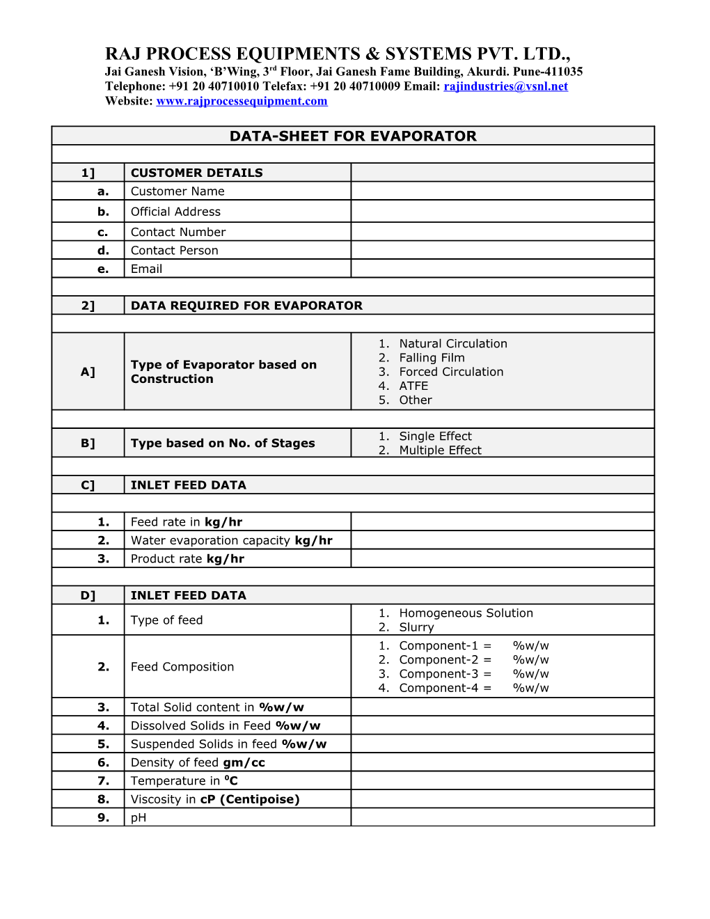 Data-Sheet for Evaporator