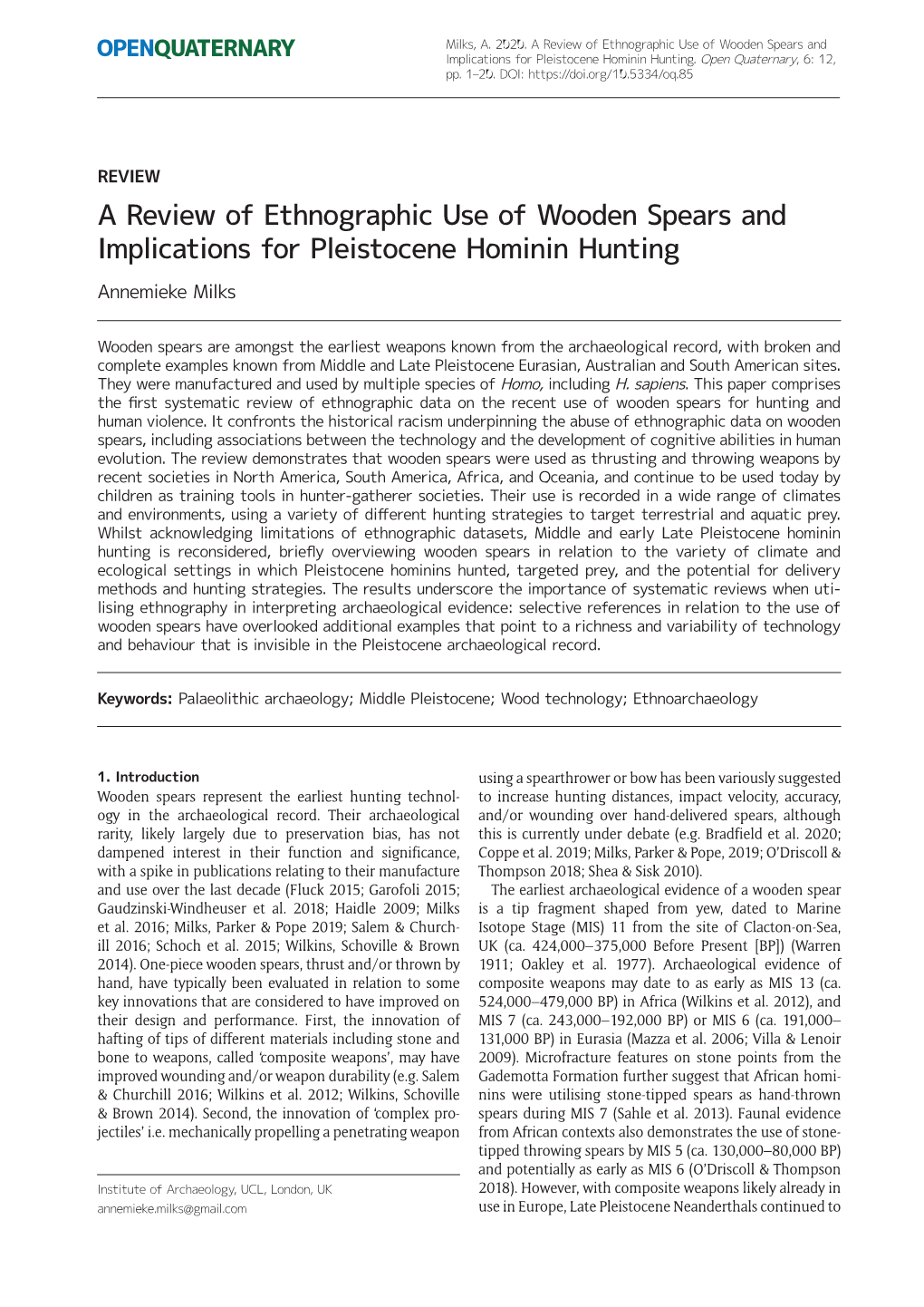 A Review of Ethnographic Use of Wooden Spears and Implications for Pleistocene Hominin Hunting