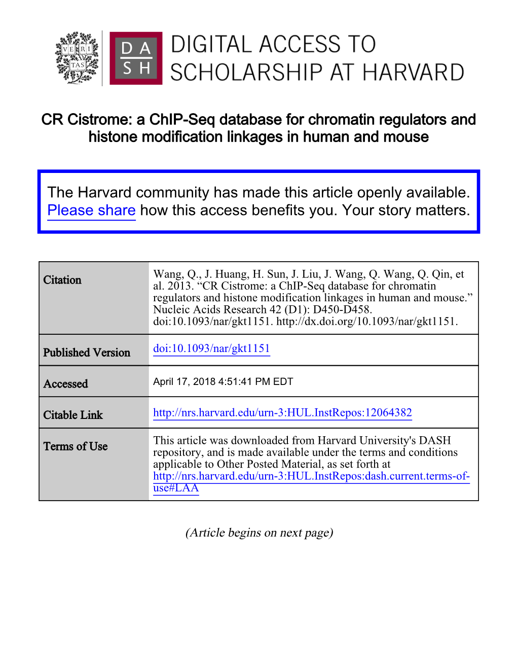 CR Cistrome: a Chip-Seq Database for Chromatin Regulators and Histone Modification Linkages in Human and Mouse