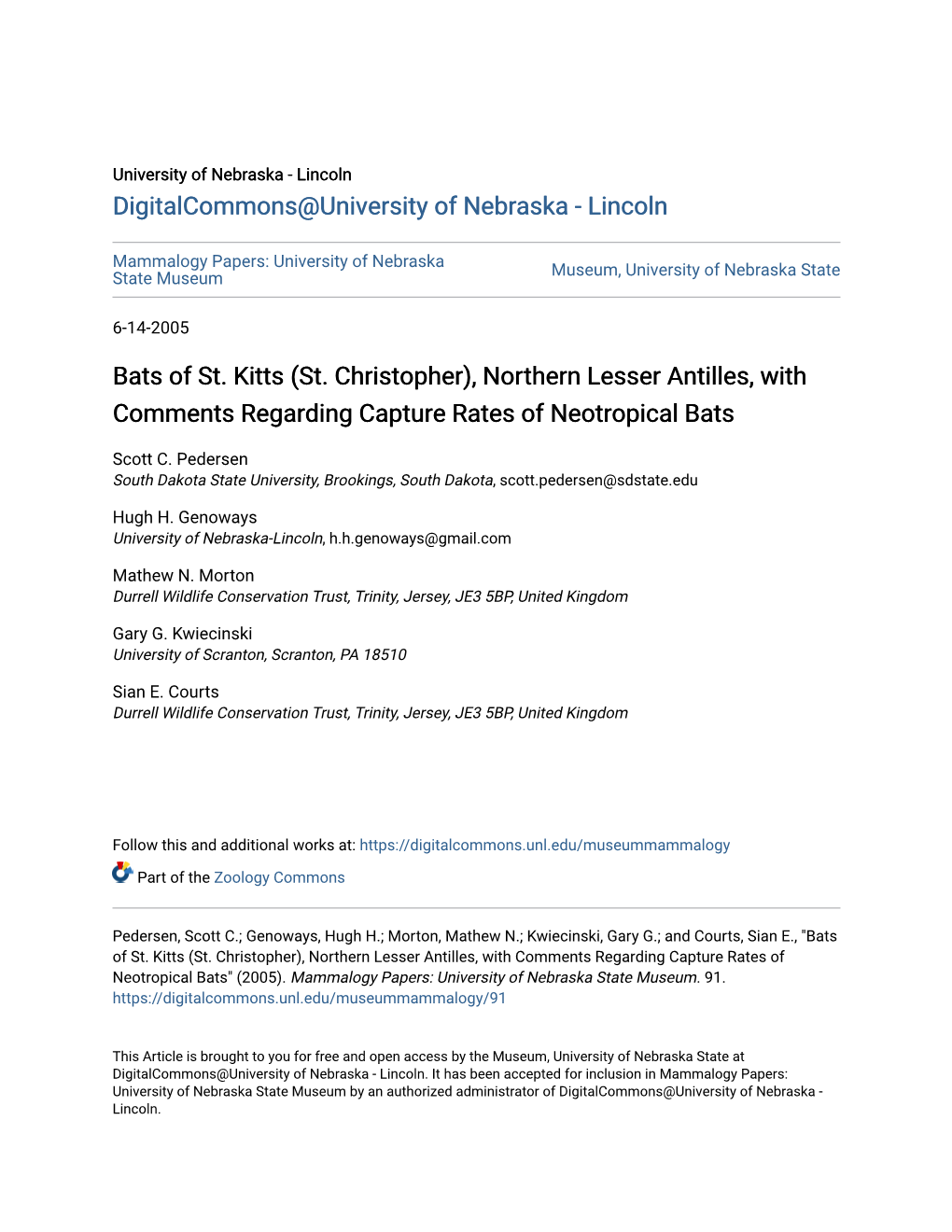 Bats of St. Kitts (St. Christopher), Northern Lesser Antilles, with Comments Regarding Capture Rates of Neotropical Bats