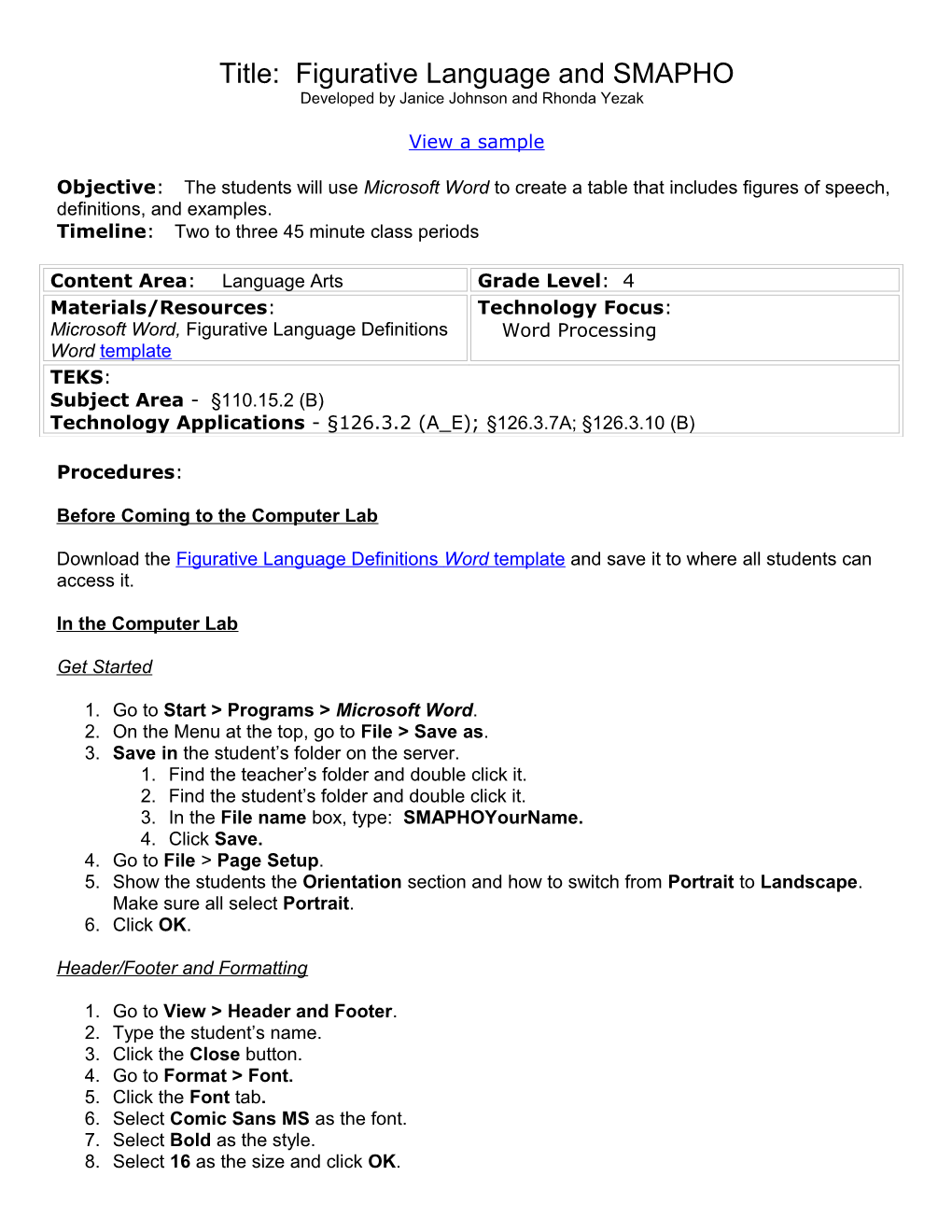 Timeline: Two to Three 45 Minute Class Periods