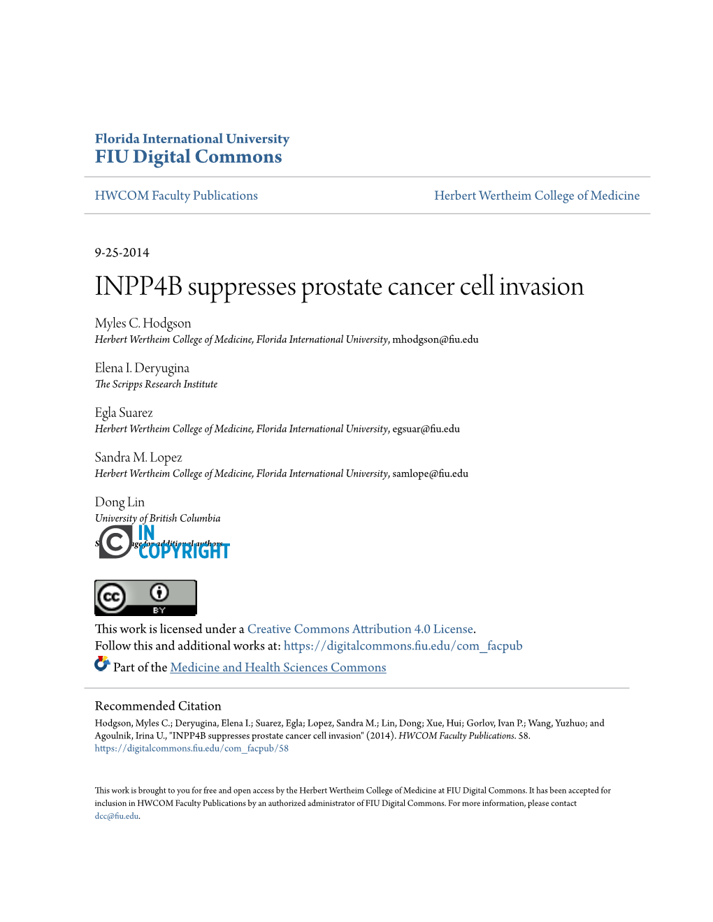 INPP4B Suppresses Prostate Cancer Cell Invasion Myles C