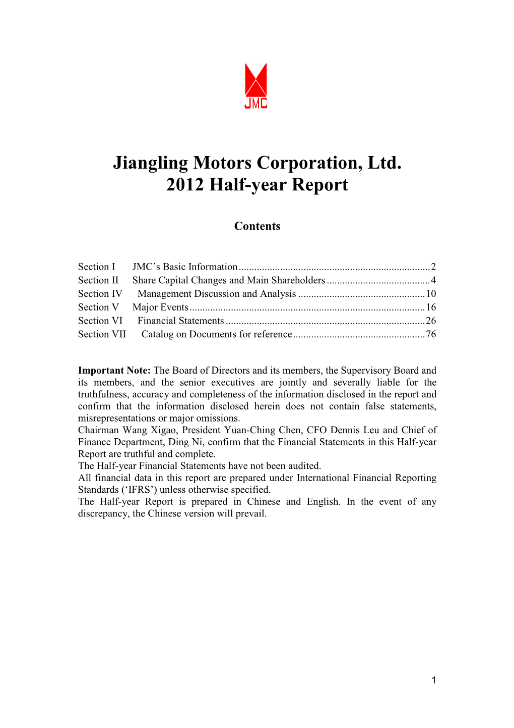 Jiangling Motors Corporation, Ltd. 2012 Half-Year Report