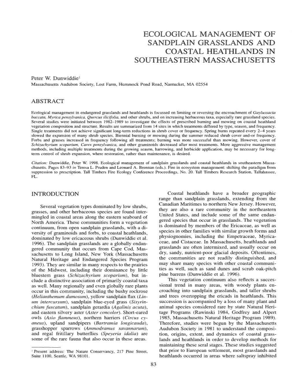 Ecological Management of Sandplain Grasslands and Coastal Heathlands in Southeastern Massachusetts