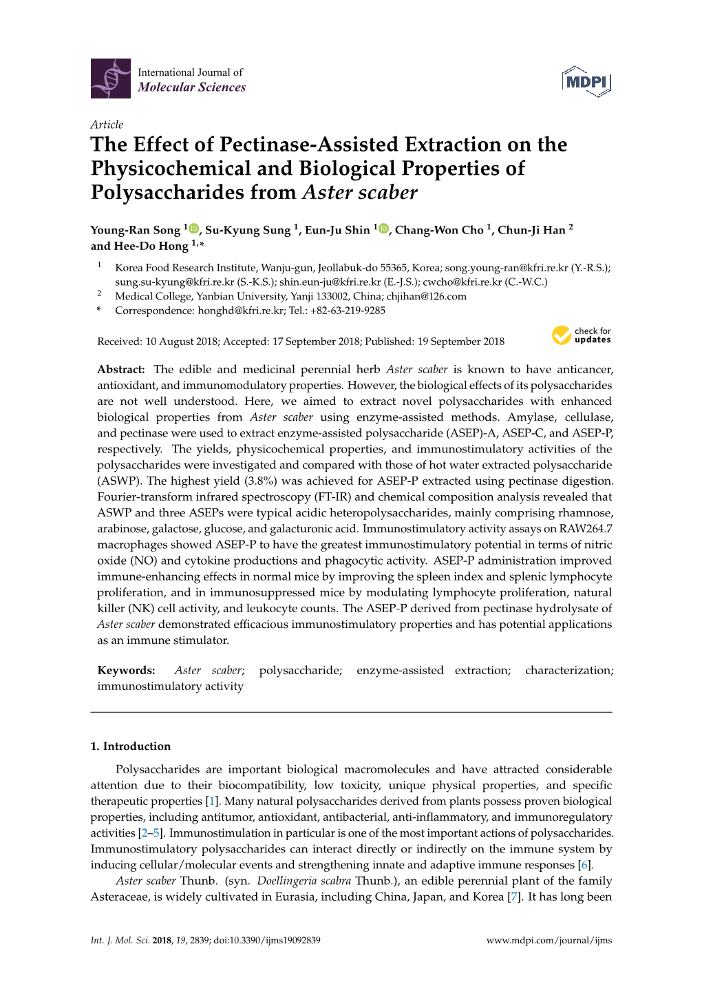 The Effect of Pectinase-Assisted Extraction on the Physicochemical and Biological Properties of Polysaccharides from Aster Scaber